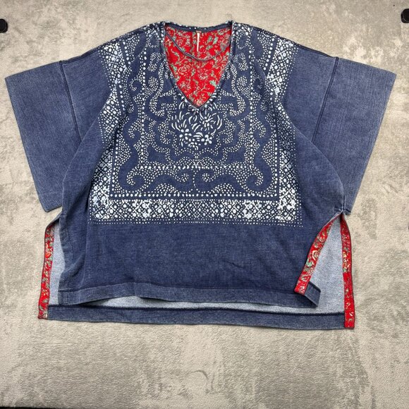 NWT Free People On The Block Poncho Sweater Denim Paisley Bandana Oversized Sz L - Picture 4 of 12